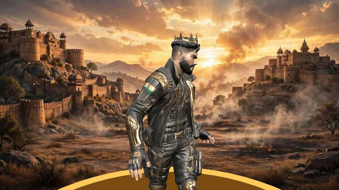 ROYAL STRIKE INDIA game screenshot – Raja hero close-up (legend golden armour and crown) in front of the royal fort