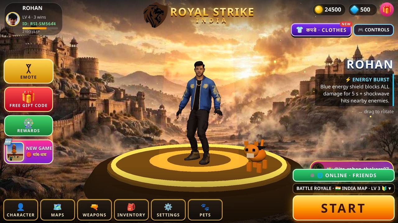 ROYAL STRIKE INDIA game screenshot – game lobby with Rohan hero standing in front of the royal fort, START button