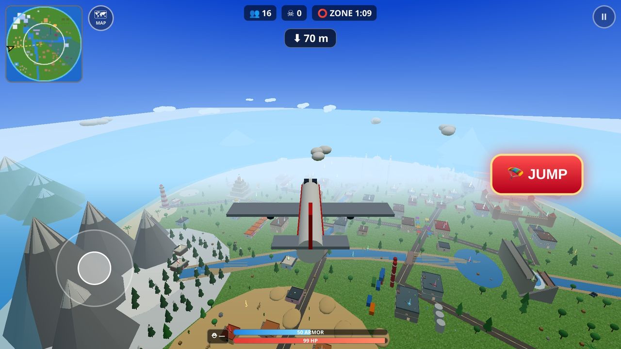ROYAL STRIKE INDIA game screenshot – plane flying over the India map with JUMP button before skydive