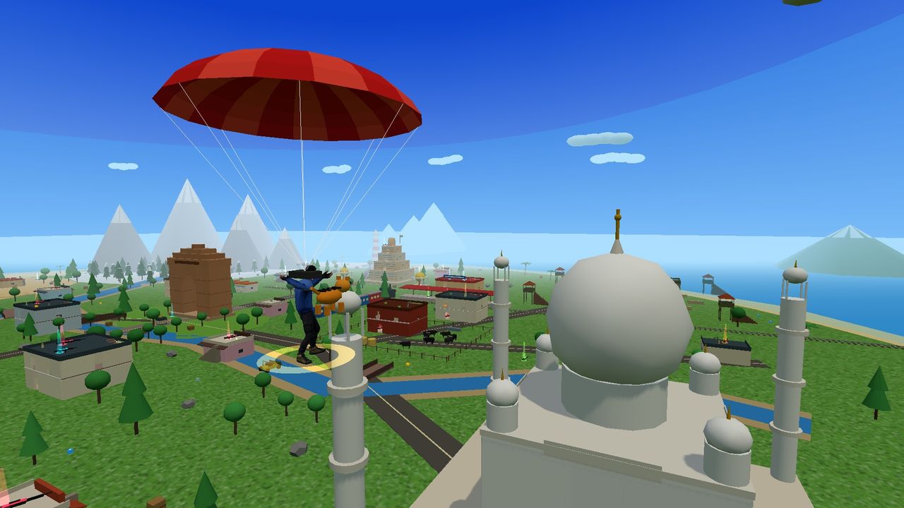 ROYAL STRIKE INDIA game screenshot – parachute drifting over the Taj Mahal and gardens