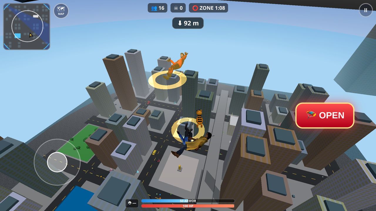 ROYAL STRIKE INDIA game screenshot – skydiving down between Mega City skyscrapers