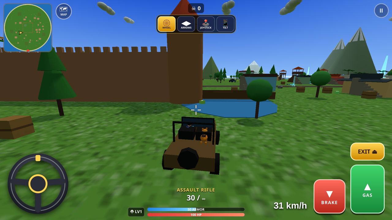 ROYAL STRIKE INDIA game screenshot – driving a jeep past the Royal Fort walls with steering wheel controls