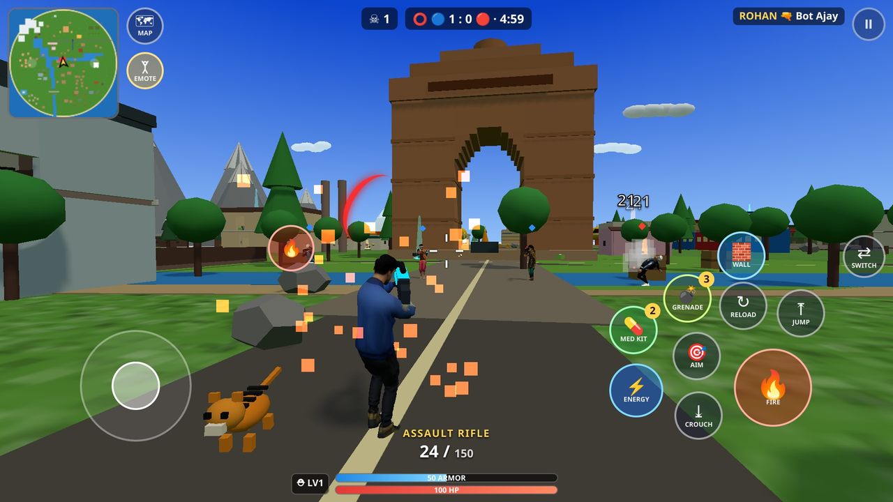 ROYAL STRIKE INDIA game screenshot – firing an AR rifle at enemies in front of India Gate (HUD view)