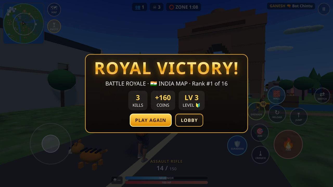 ROYAL STRIKE INDIA game screenshot – ROYAL VICTORY result screen – Battle Royale, India map, Rank #1