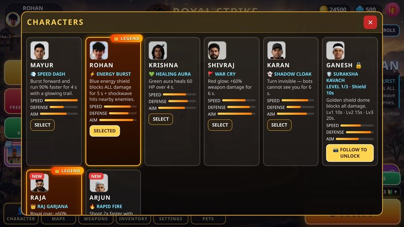 ROYAL STRIKE INDIA game screenshot – 8 Indian heroes: Mayur, Rohan, Krishna, Shivraj, Karan, Ganesh, Raja, Arjun