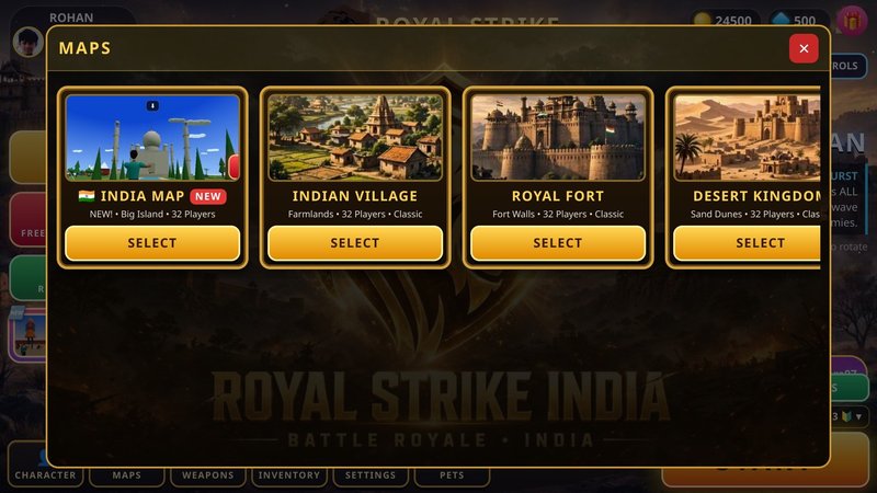 ROYAL STRIKE INDIA game screenshot – map selection with the new INDIA MAP